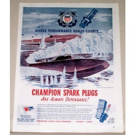 1944 Champion Spark Plugs Wartime WWII Coast Guard B Vintage Color Print Art Ad