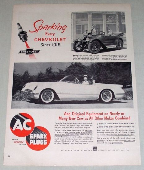 1953 AC Spark Plugs 1916 Chevy Baby Grand 1953 Chevy Corvette Vintage Print Ad