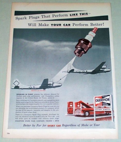 1953 Champion Spark Plugs USAF Inflight Refueling Vintage Color Print Ad