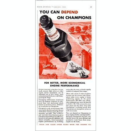 1938 Champion Spark Plugs Vintage Color Print Ad - Better Performance