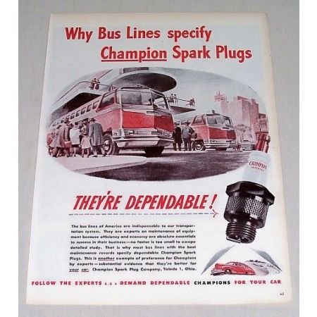 1946 Champion Spark Plugs Vintage Color Print Art Ad - Bus Lines Specify