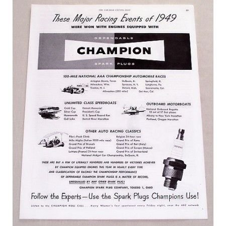 1949 Champion Spark Plugs Major Racing Events 1949 Vintage Print Ad
