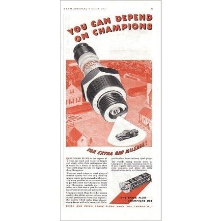 1938 Champion Spark Plugs Vintage Color Print Ad - Extra Gas Mileage