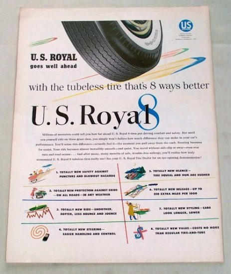 1955 U.S Royal 8 Eight Tubeless Tires Vintage Color Print Ad