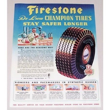 1944 Firestone Deluxe Champion Tires Vintage Color Print Ad