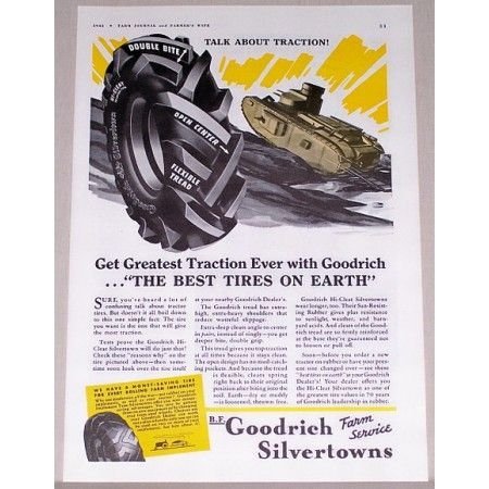 1941 BF Goodrich Silvertown Tractor Tires Wartime WWII Tank Art Vintage Color Print Ad