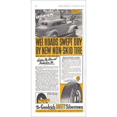 1938 Goodrich Silvertown Tires Vintage Print Ad - Wet Roads Swept Dry