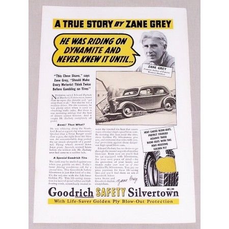 1937 Goodrich Silvertown Tires Vintage Print Ad Celebrity Zane Grey