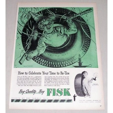 1946 Fisk Air Flight DeLuxe Tires Vintage Color Print Ad - Time To Re-Tire