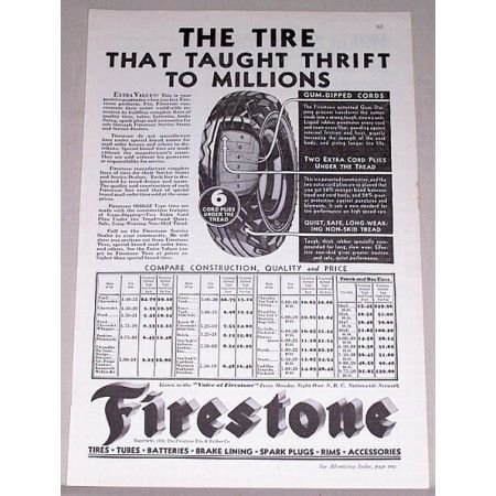 1932 Firestone Tires Vintage Print Ad - The Tire That Taught Thrift