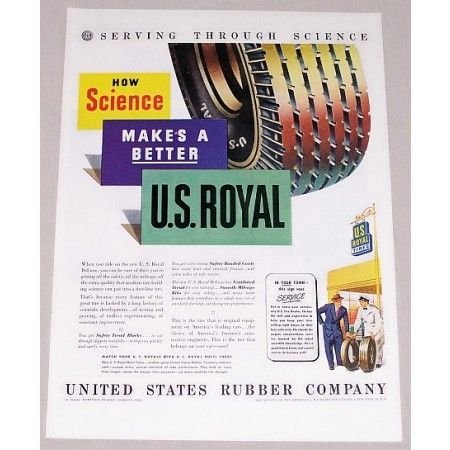 1946 U.S. Royal Tires Vintage Color Print Ad - Serving Through Science