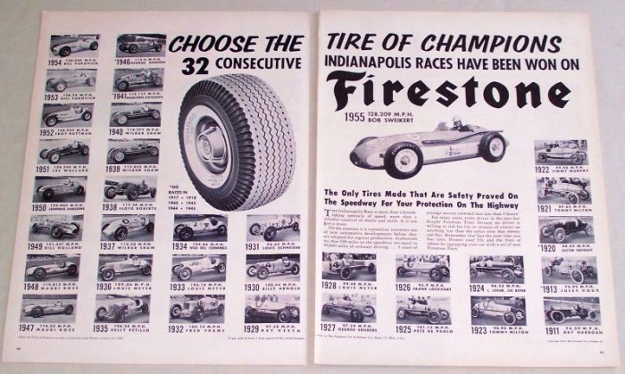 1955 Firestone Tires 32 Indianapolis 500 Race Winners 2 Page Vintage Print Ad