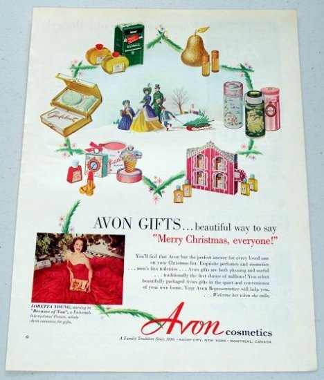 1952 Avon Gifts Cosmetics Make Up Vintage Color Print Makeup Ad Celebrity Loretta Young
