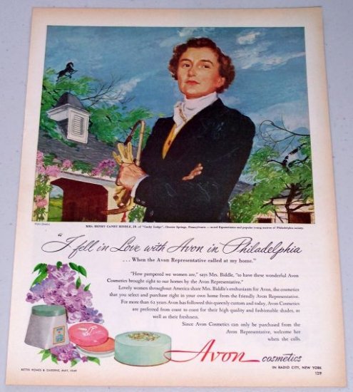 1949 Avon Cosmetics Vintage Color Print Art Ad Mrs. Henry Canby Biddle Jr.