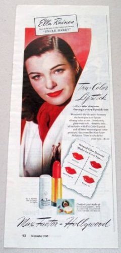 1945 Max Factor Hollywood Trye-Color Lipstick Vintage Color Print Ad Celebrity Ella Raines