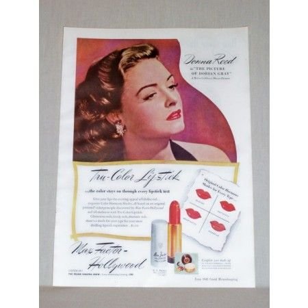 1945 Max Factor Lipstick Vintage Color Print Ad Celebrity Donna Reed