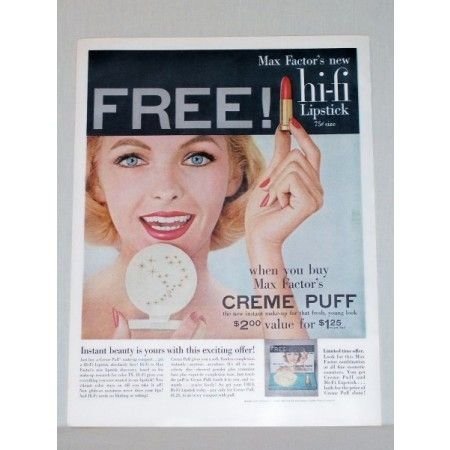 1957 Max Factor Hi-Fi Lipstick Creme Puff Compact Color Print Ad