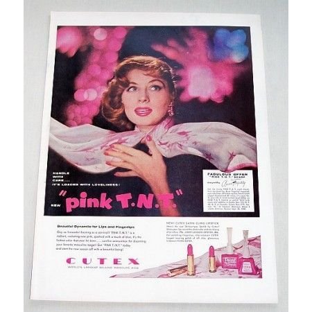 1956 Cutex Lipstick Nail Polish Pink TNT Vintage Color Print Ad