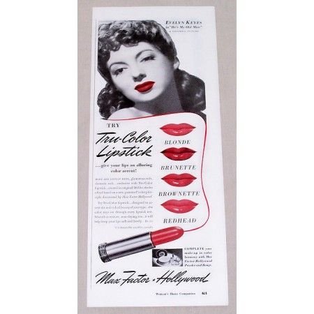 1942 Max Factor Lipstick Vintage Color Print Ad Celebrity Evelyn Keys