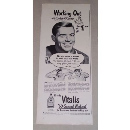 1949 Vitalis Hair Care Vintage Print Ad Hockey Celebrity Buddy O'Connor