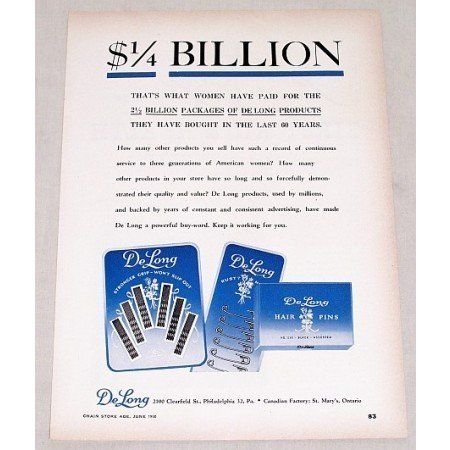 1950 De Long Hair Pins Vintage Print Ad