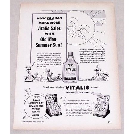 1950 Vitalis Hair Care Vintage Print Ad - Old Man Summer Sun!