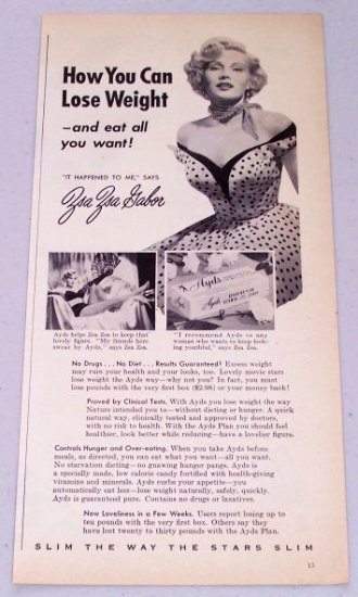 1953 Ayds Reducing Plan Weight Control Vintage Print Ad Celebrity Zsa Zsa Gabor