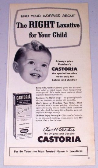 1954 Fletcher's Castoria Laxative Baby Vintage Print Ad
