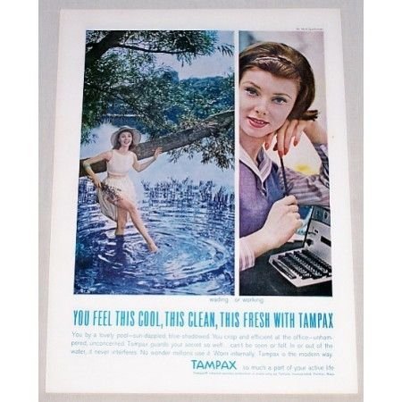 1961 Tampax Sanitary Napkins Vintage Color Print Ad - Wading Or Working