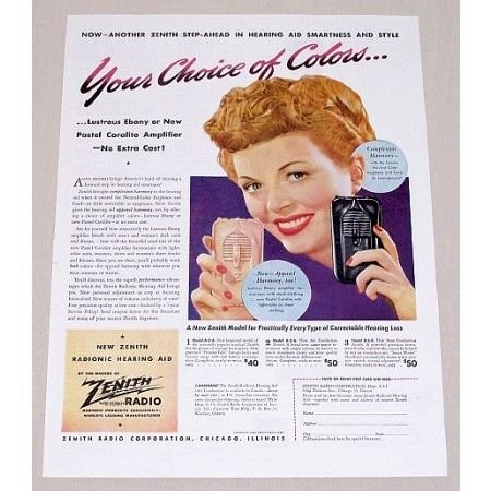 1945 Zenith Radionic Hearing Aid Color Print Ad - Choice Of Colors