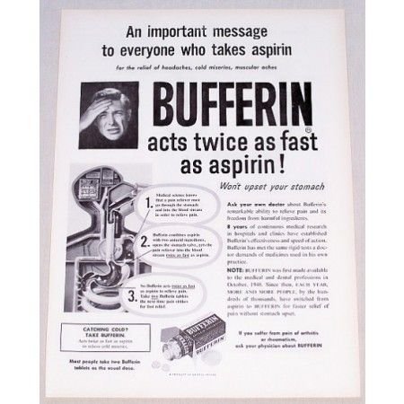 1954 Bufferin Antacid Analgesic Print Ad - Acts Twice As Fast