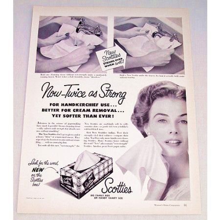 1953 Scotties Tissues Ad - Now Twice As Strong