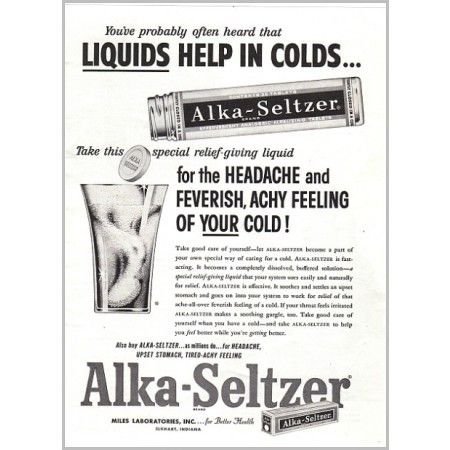 1957 Alka Seltzer Tablets Print Ad - Liquids Help In Colds...