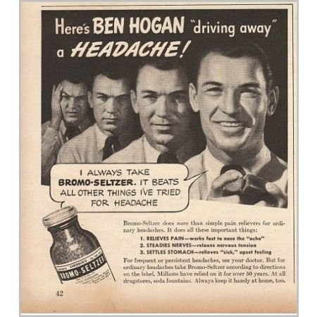 1940 Bromo Seltzer Vintage Ad Golf Celebrity Ben Hogan