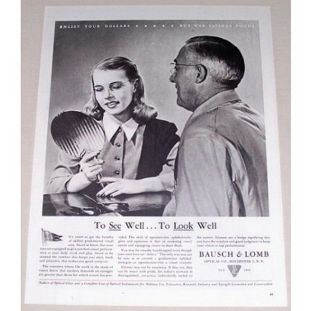 1944 Bausch Lomb Optical Co. Vintage Print Ad - Enlist Your Dollars
