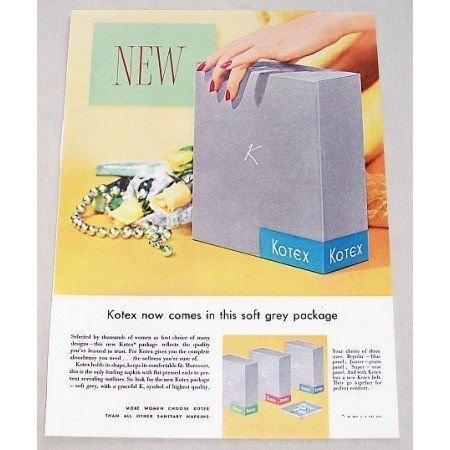 1955 Kotex Napkins Color Print Ad - Grey Package