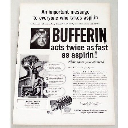 1956 Bufferin Analgestic Vintage Print Ad - Acts Twice As Fast