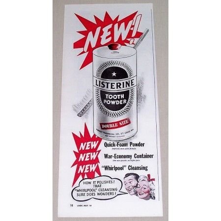 1943 Listerine Tooth Powder Vintage Print Ad - Whirlpool Cleansing