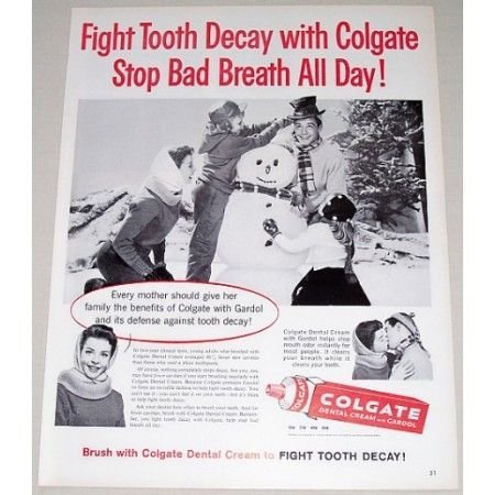 1960 Colgate Dental Cream Tooth Paste Snowman Winter Vintage Print Ad