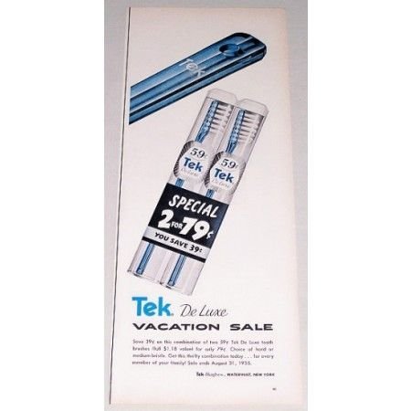 1955 Tek Deluxe Tooth Brushes Color Print Ad