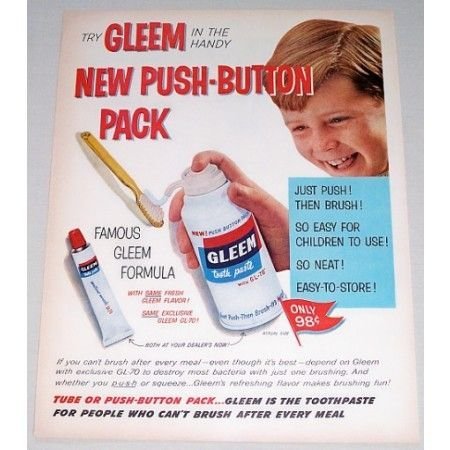 1958 Gleem Toothpaste Push Button Pack Color Print Ad