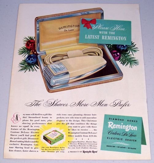 1949 Remington Contour DeLuxe Electric Shaver Color Print Ad