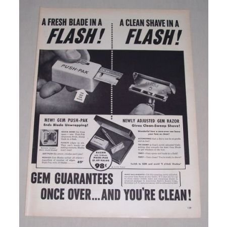 1949 Gem Push Pack Razor Blades Shaving Vintage Print Ad