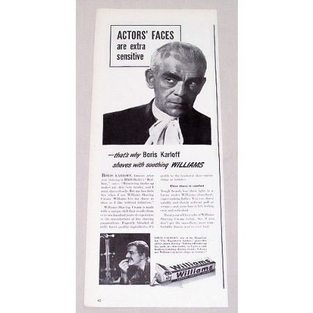 1946 Williams Shaving Cream Vintage Print Ad Celebrity Boris Karloff