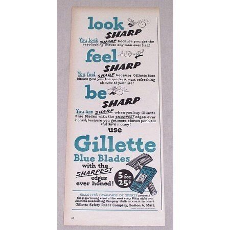1946 Gillette Blue Blades Shaving Razor Blades Color Print Ad