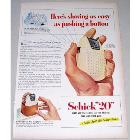 1951 Schick 20 Electric Shaver Color Print Ad - Push Button