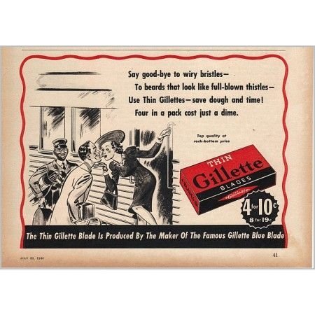 1940 Gillette Thin Blades Shaving Vintage Print Ad - Goodbye Bristles
