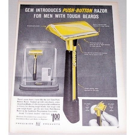 1958 ASR Gem Push Button Razor Shaving Vintage Print Ad