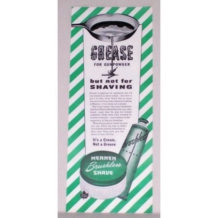 1944 Mennen Brushless Shave Color Print Ad - Grease For Gunpowder