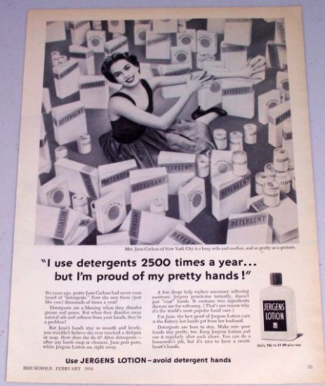 1954 Jergens Lotion Hand Cream Vintage Print Ad Mrs. Jane Carlsan
